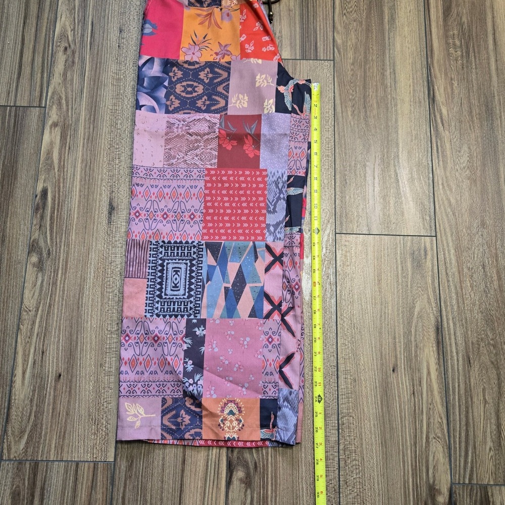 Patchwork Print Wide Leg Pants Multicolor Boho Elastic Waist Drawstring Large - Picture 9 of 10